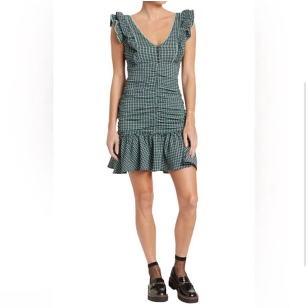 Betsy Johnson Mad About Plaid Dress A ruched and Ruffle Minidress, V-neck